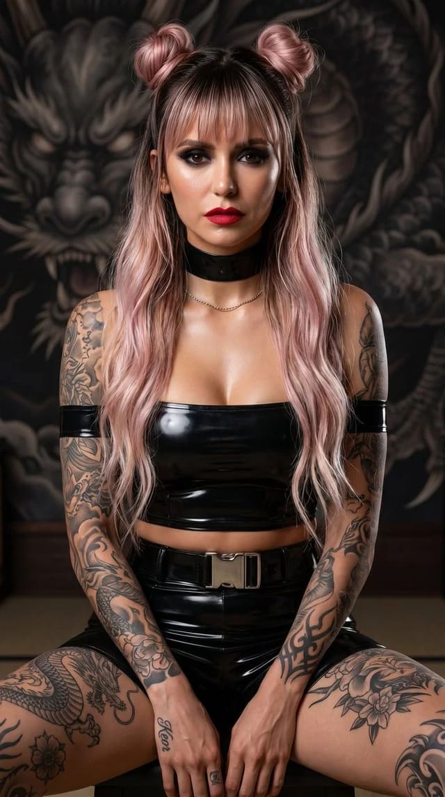 Photorealistic Tattooed Woman in Black Latex in Gothic Dragon Temple