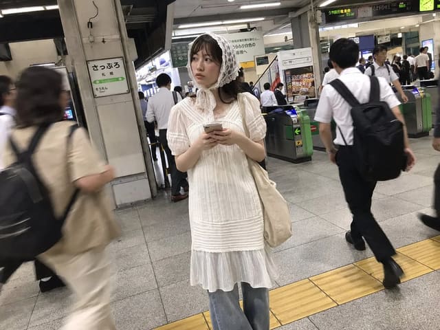 Photorealistic Candid Japanese Train Station Fashion Snapshot