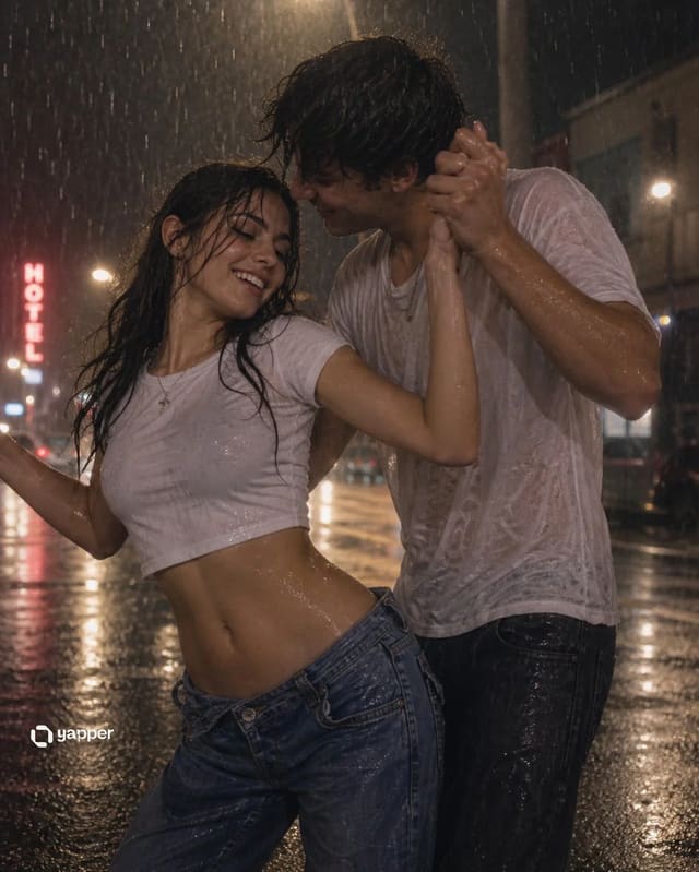 Romantic Rain Dance in a Rain-Soaked City Street