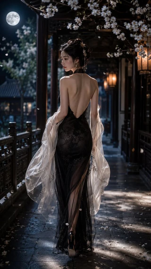 中式深V礼服月下回眸人像