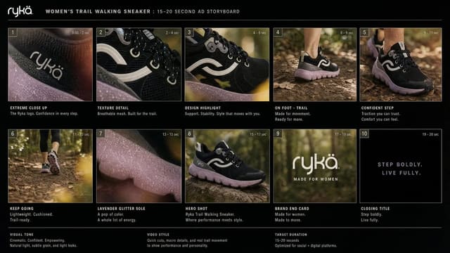 Ryka Trail Walking Sneaker cinematic ad using GPT Image 2 and Seedance 2.0