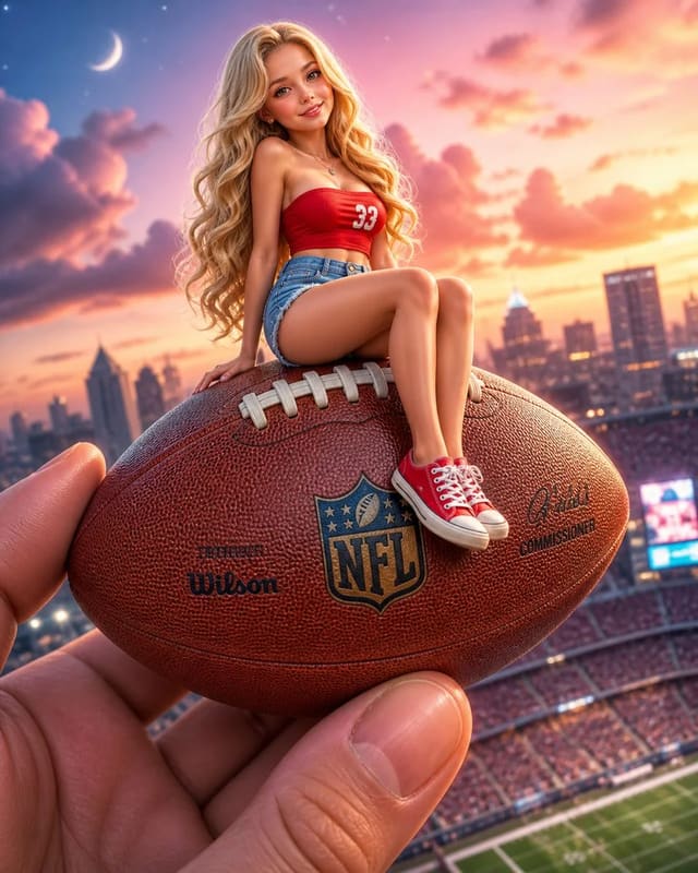 Miniature Blonde Girl Sitting on a Giant Football