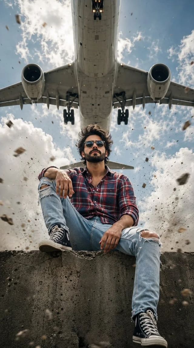 Cinematic Low-Angle Portrait Under a Low-Flying Airplane