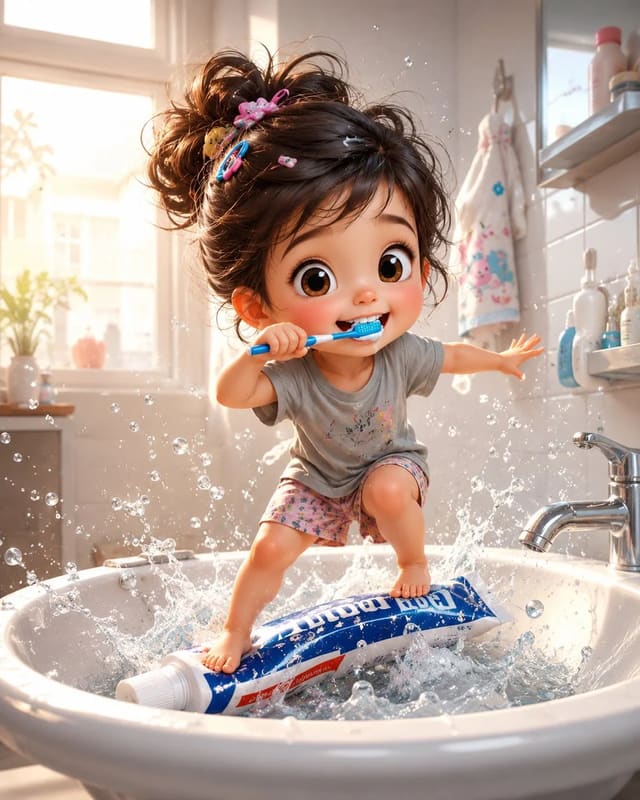 Whimsical Toddler Brushing Teeth in a Bathroom Sink