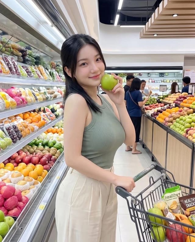 Photorealistic Grocery Store Portrait with Green Apple