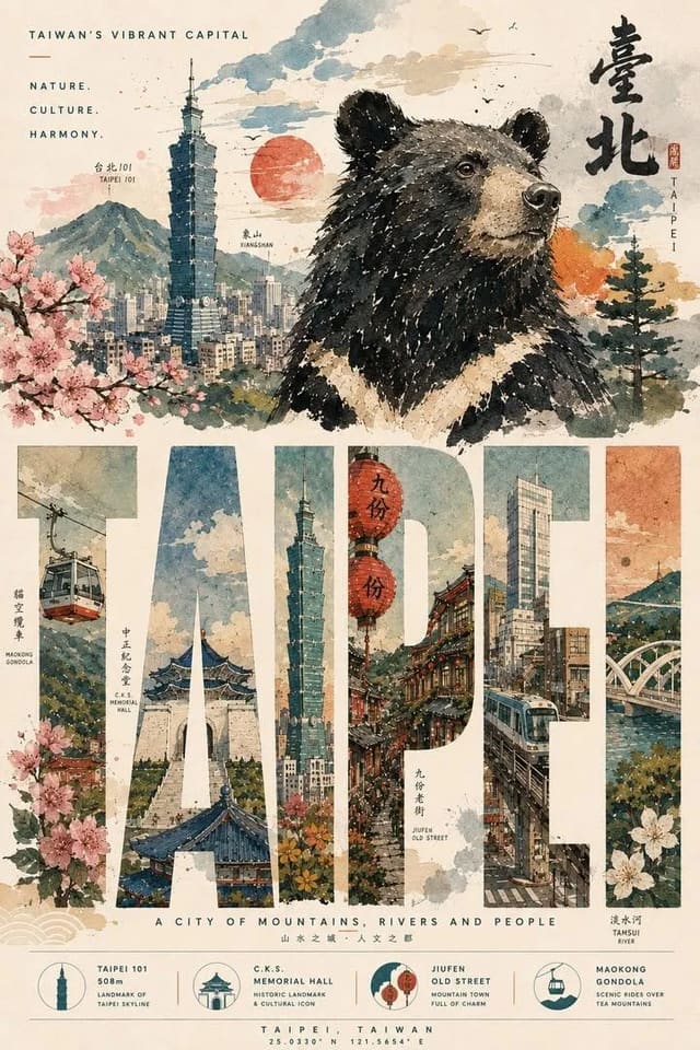 Watercolor Ink Travel Poster of Taipei Taiwan