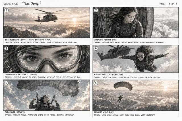 Cinematic storyboard sheet for “The Jump”