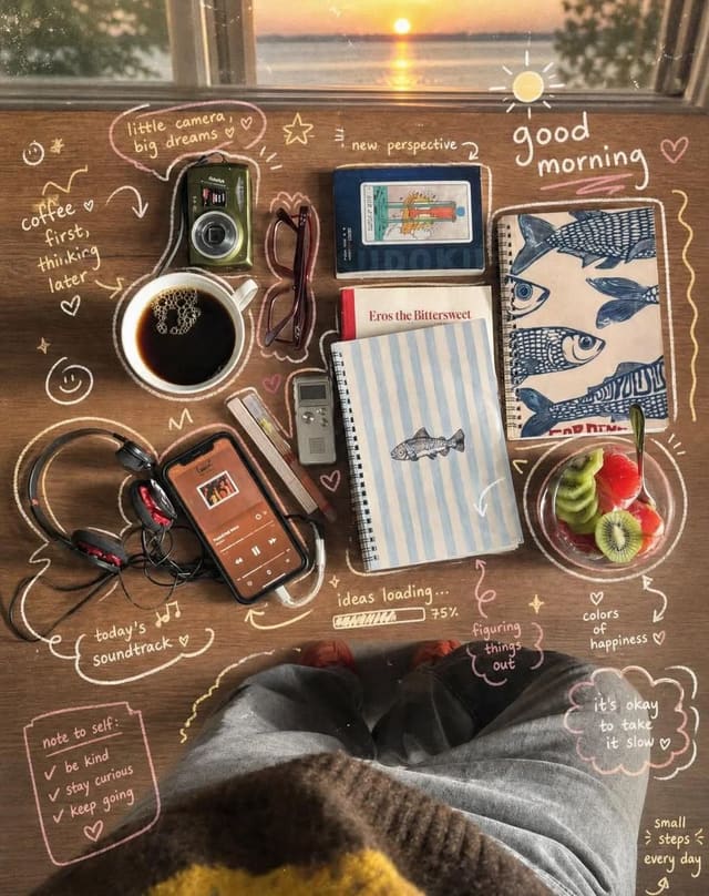 Cozy sunrise desk flatlay prompts with diary-style doodle overlays