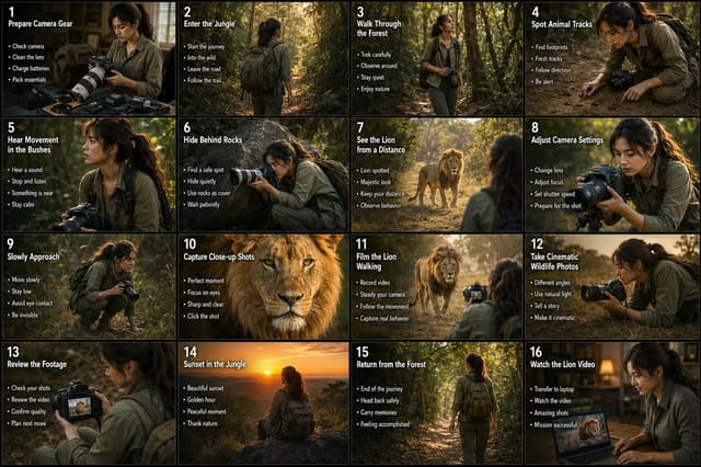 Cinematic 16-Panel Wildlife Photographer Storyboard