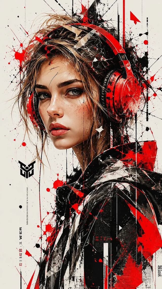 Trash Polka Portrait with Red Headphones