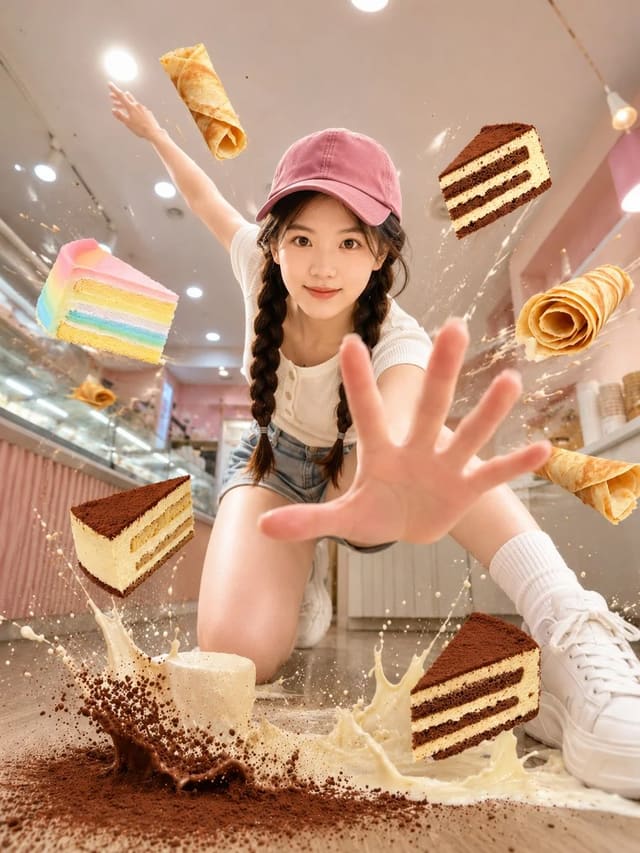 Frozen-in-time dessert shop action portrait