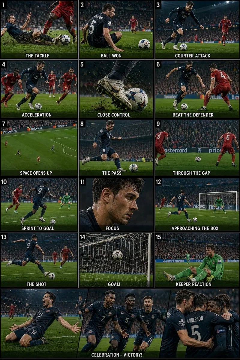 Cinematic football tackle-to-goal storyboard