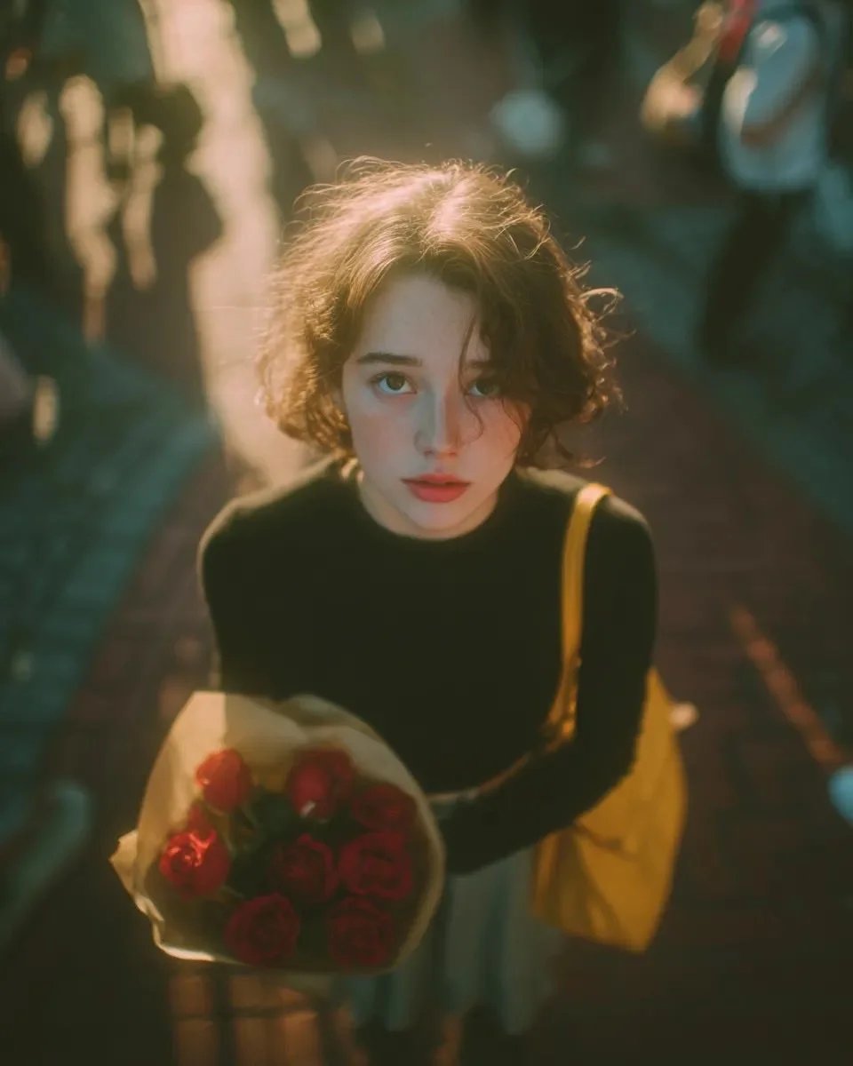 Top-down cinematic portrait with roses during golden hour
