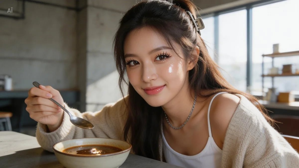 Candid café portrait with Douyin makeup