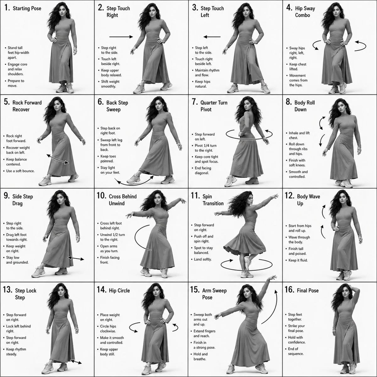 Monochrome 4x4 dance choreography instruction sheet