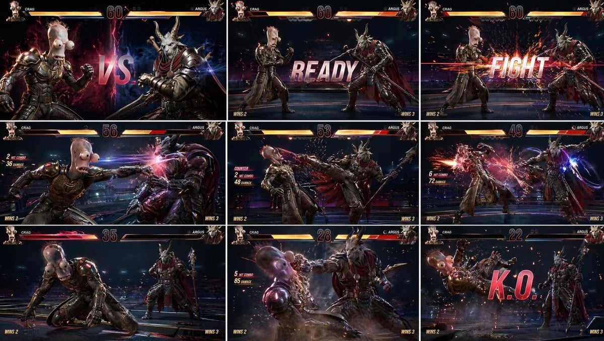 Tekken-style 3x3 fighting game storyboard using referenced characters