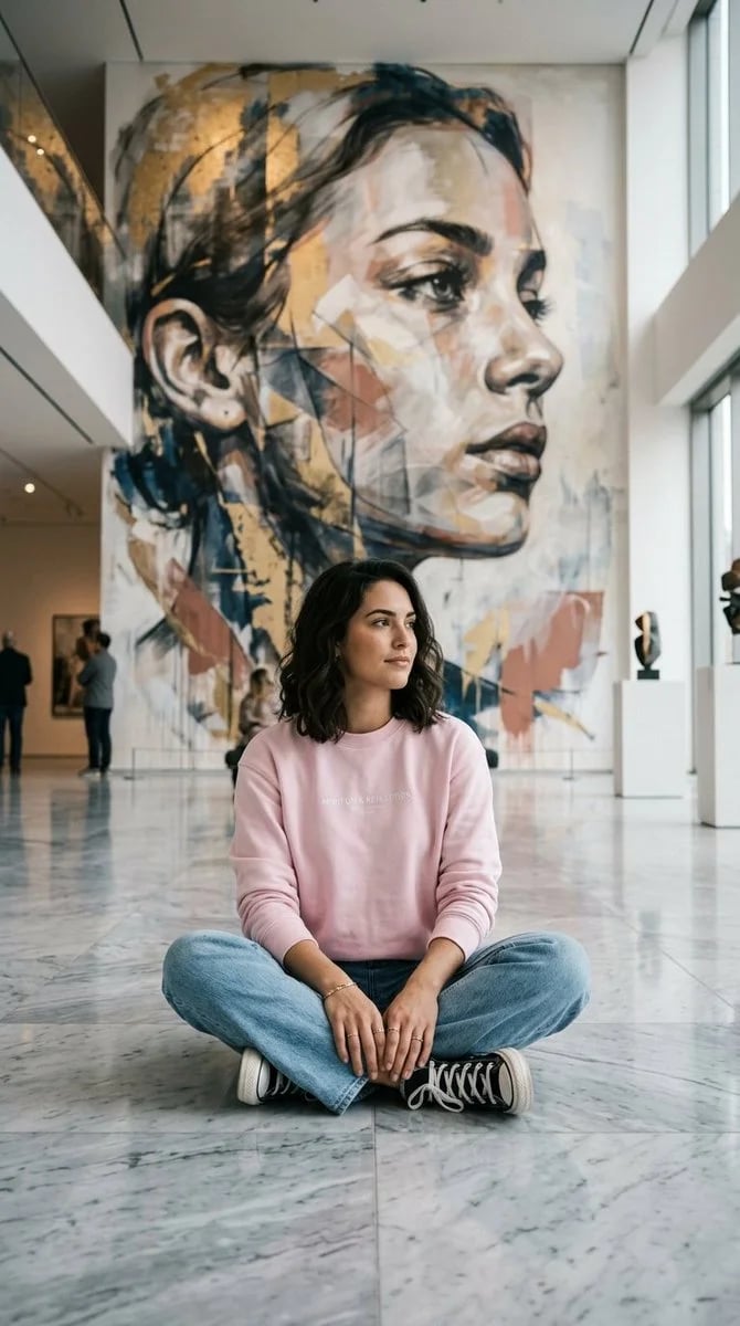 Dramatic low-light portrait with abstract mural backdrop