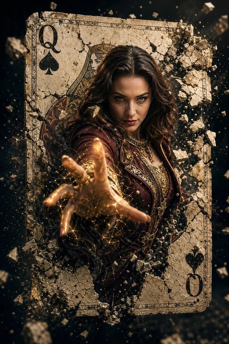Female Sorcerer Bursting Through Queen of Spades Movie Poster