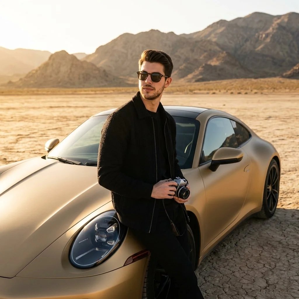Stylish man beside matte gold sports car in desert