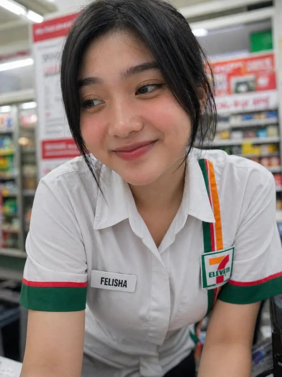 Photorealistic candid 7-Eleven cashier scene