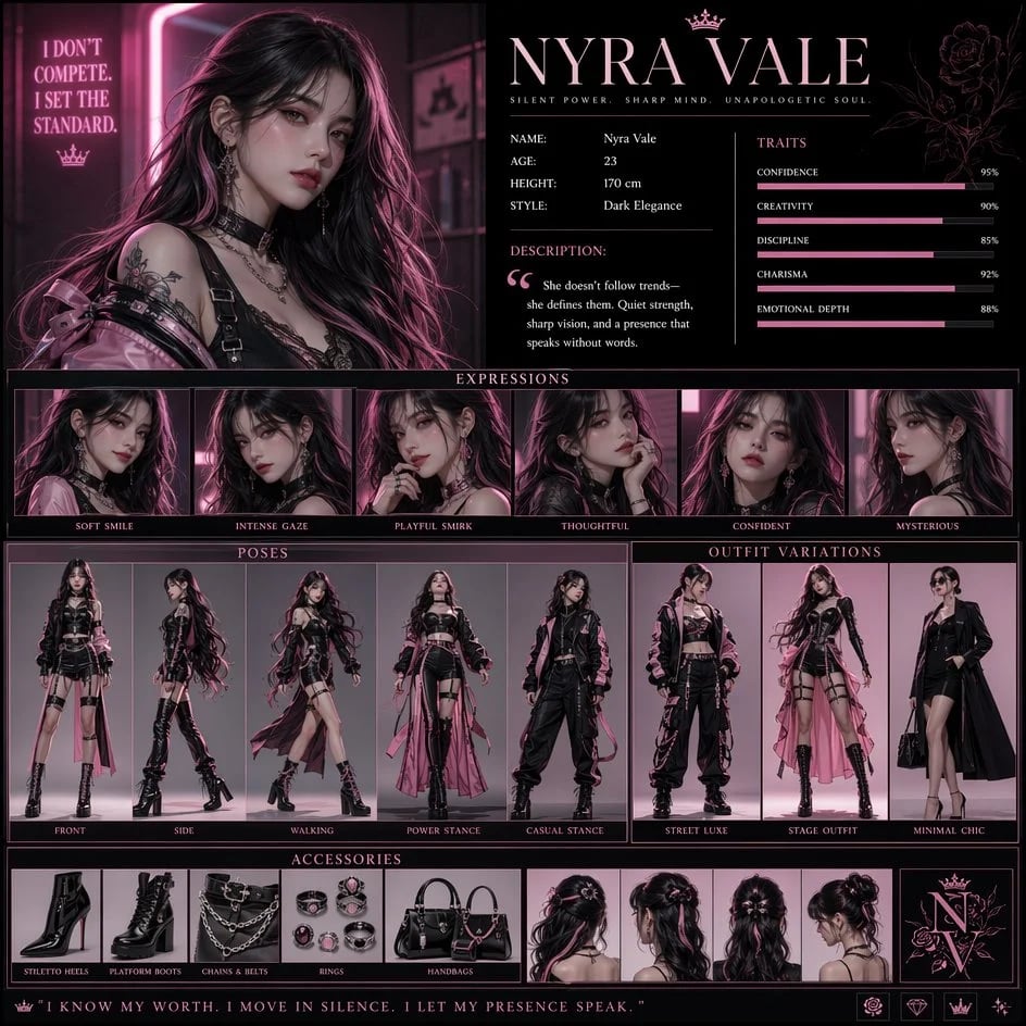 Luxury Pink Character Concept Poster for Nyra Vale