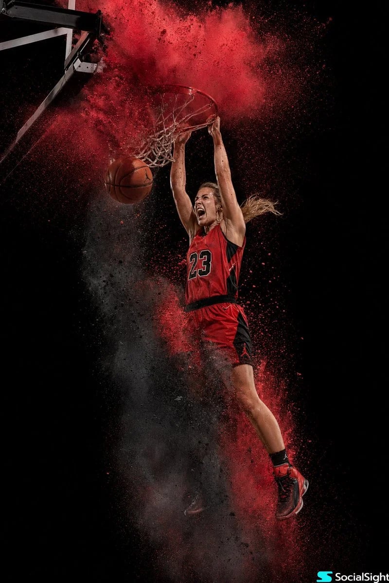 Female basketball player dunk with red powder explosion