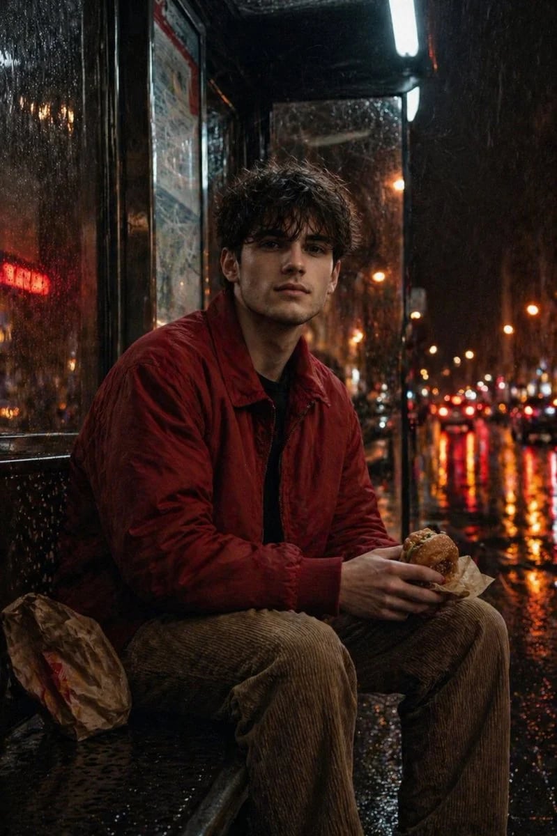 Cinematic rainy nighttime bus stop portrait