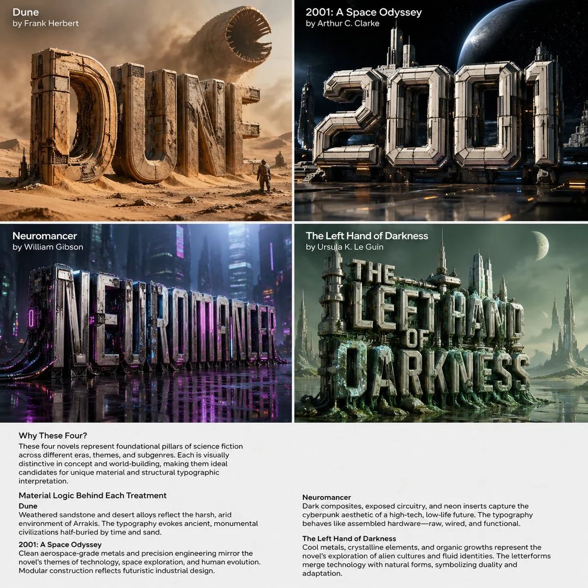 Sci-fi book titles visualized as 3D cultural typography