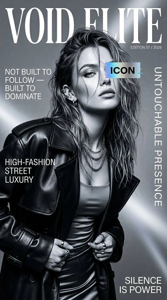 Black-and-white luxury fashion magazine cover