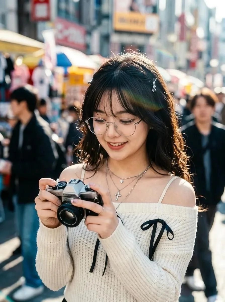 High-angle cinematic portrait with analog tilt-shift aesthetic