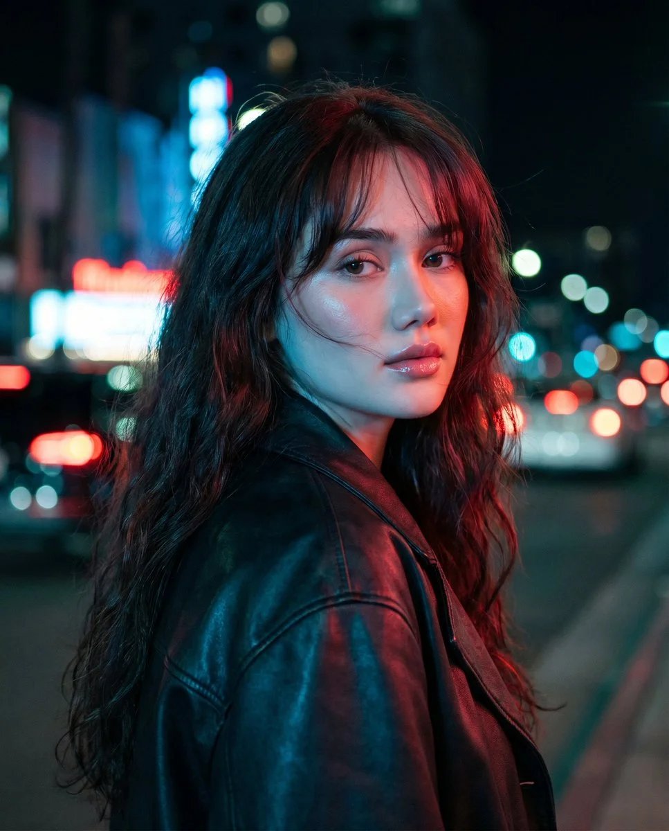 Cinematic neon night portrait edit