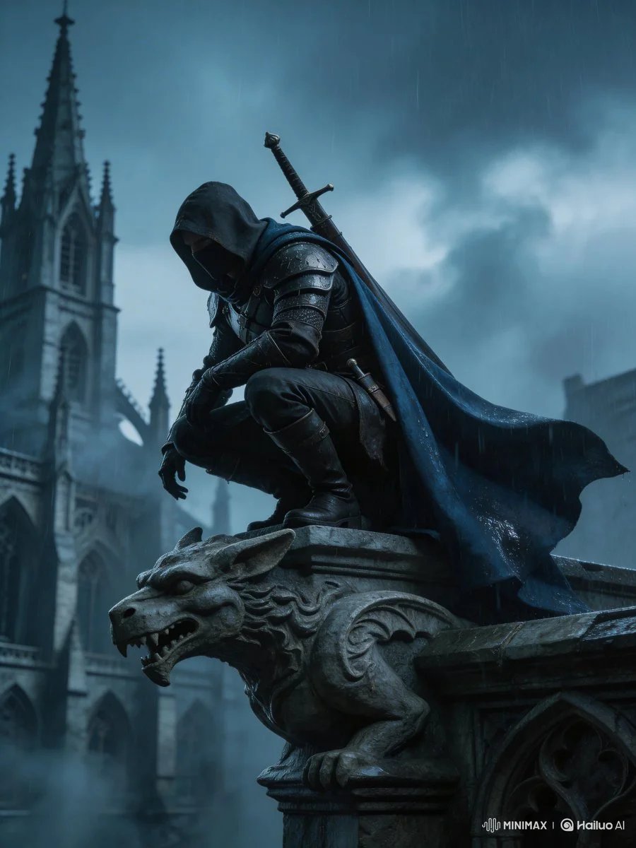 Dark medieval assassin on a gothic gargoyle