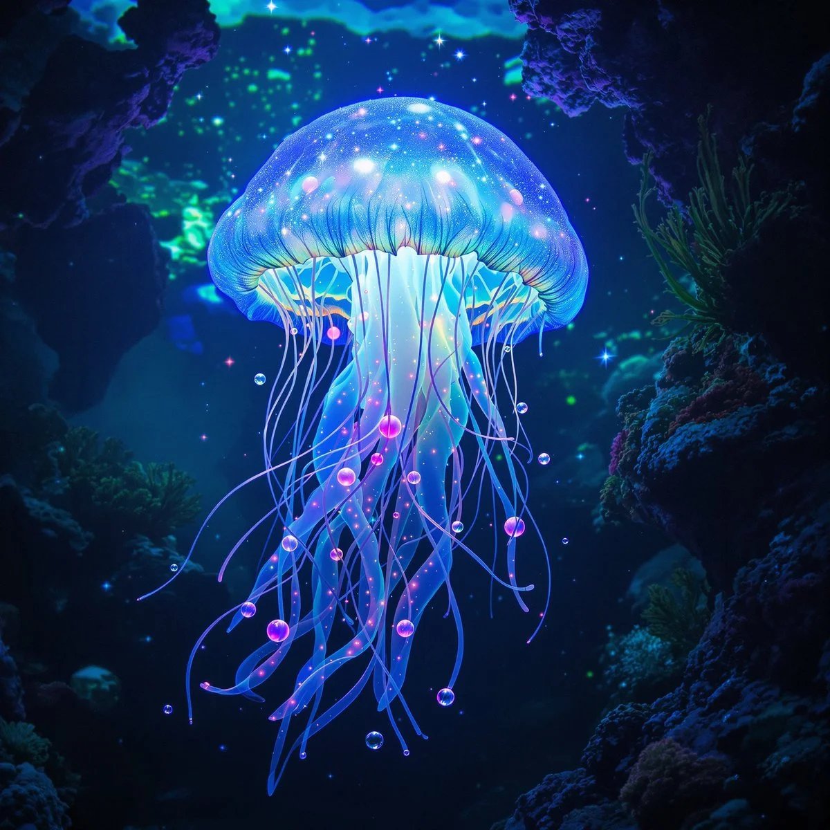 Mystical Glowing Jellyfish Underwater Scene