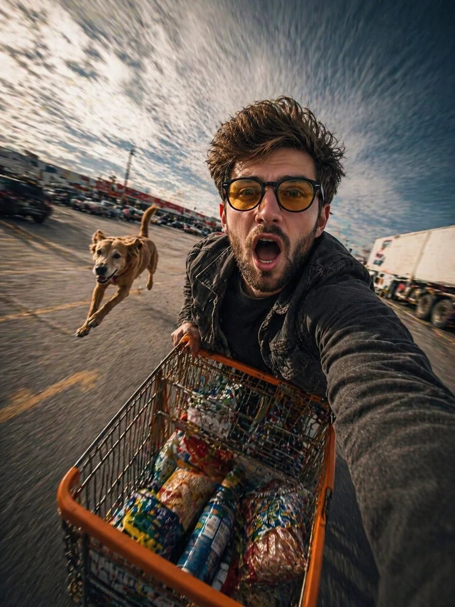 Ultra-realistic wide-angle selfie action shot in a parking lot