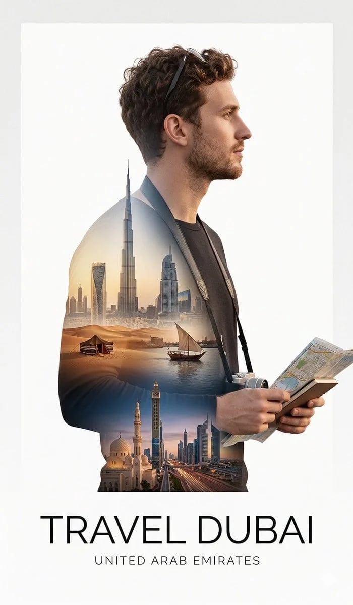 Minimalist double exposure travel poster for Dubai