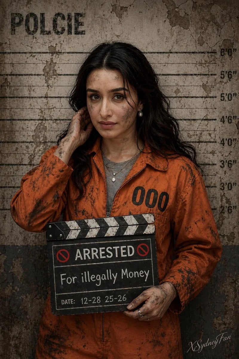 Bollywood celebrity mugshot lineup in orange prisoner jumpsuit