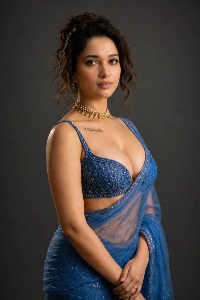 Ultra-realistic studio portrait of a woman in a blue saree