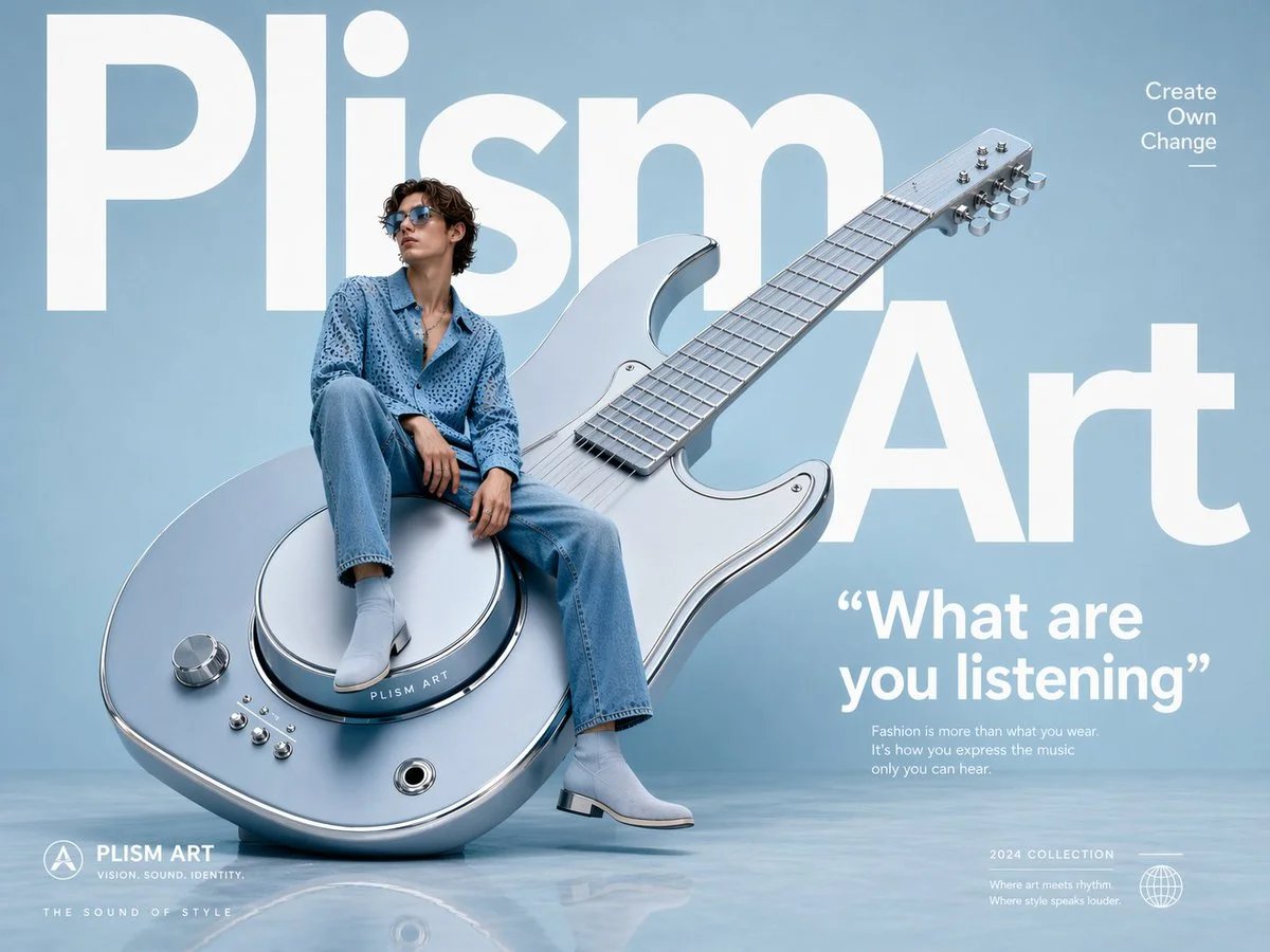 Avant-garde fashion advertisement with oversized guitar sculpture