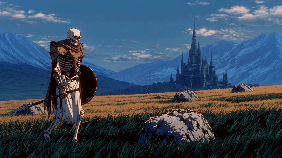 Skeleton near a castle regrets his actions