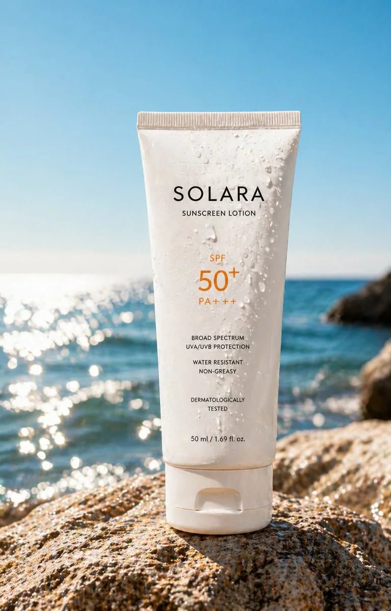 Luxury sunscreen tube on sunlit seaside rock