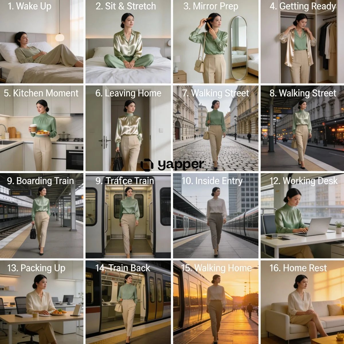 16-step daily routine storyboard in a 4×4 photorealistic grid