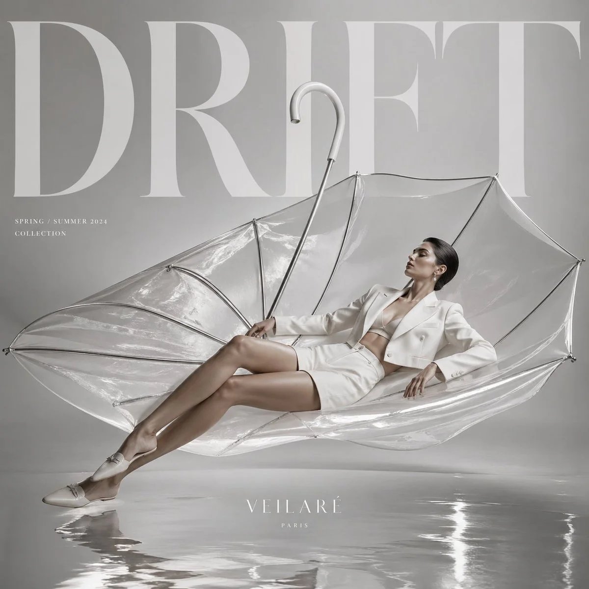 High-fashion editorial ad with translucent umbrella and “DRIFT” typography