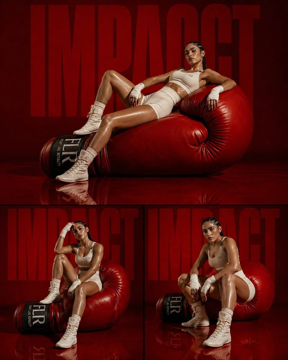 High-fashion boxer editorial triptych with red glove sculpture