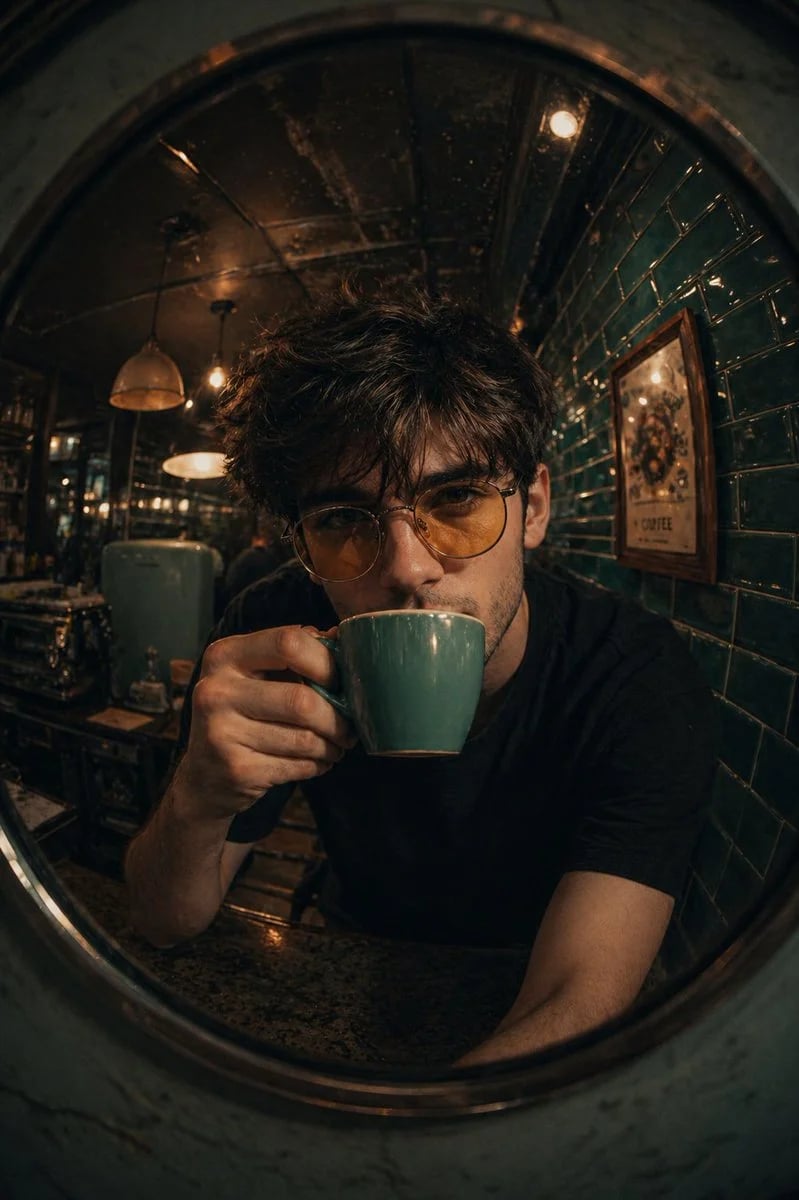 Fish-eye retro café portrait with teal mug