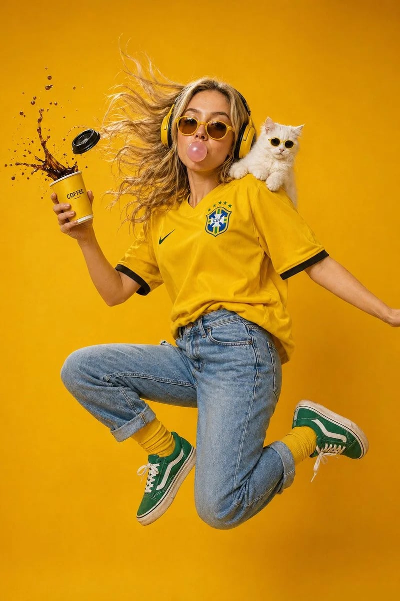 Surreal mustard-yellow fashion portrait with bubblegum, coffee spill, and cat