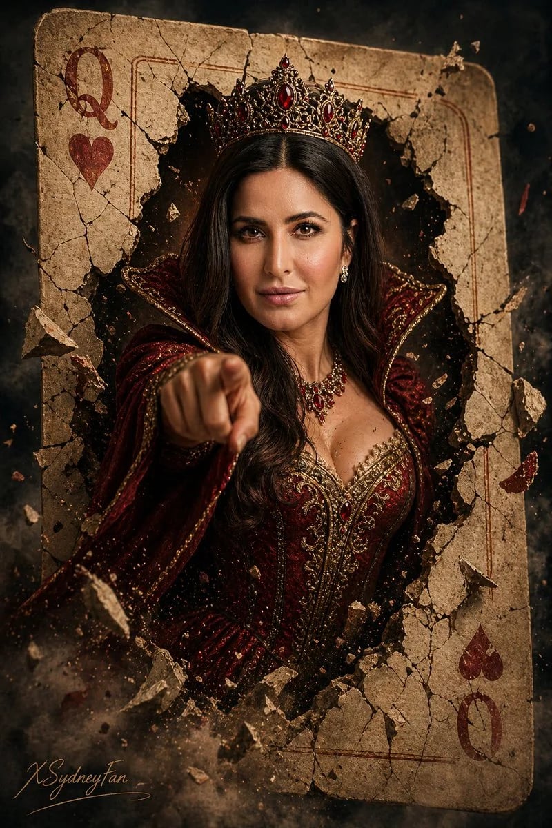 Regal Fantasy Queen Emerging from a Cracked Queen of Hearts Card