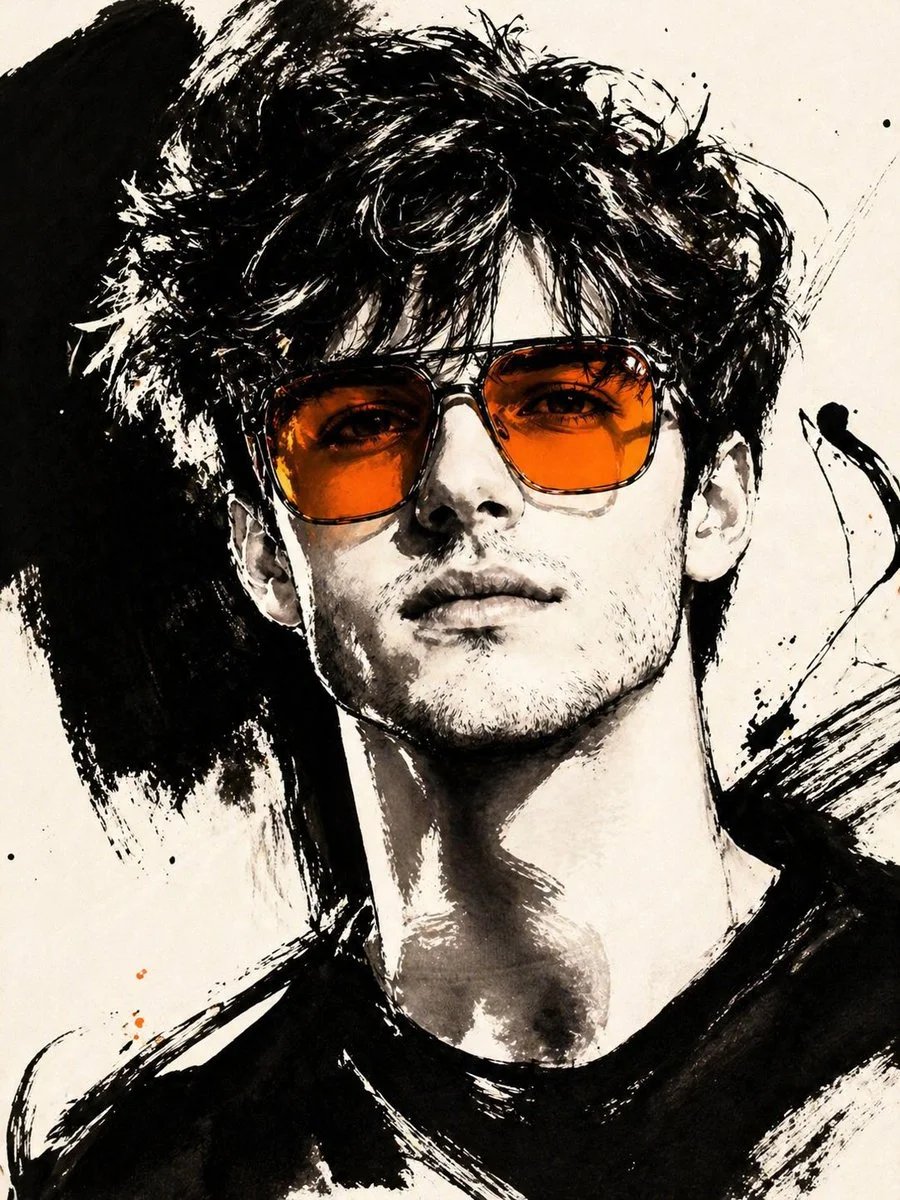 Gestural editorial ink fashion portrait with vivid tinted sunglasses
