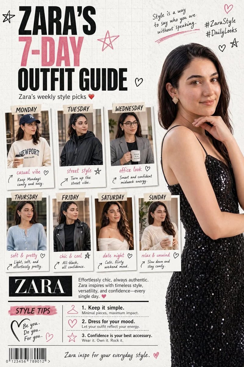 American fashion magazine collage: Zara 7-day outfit guide