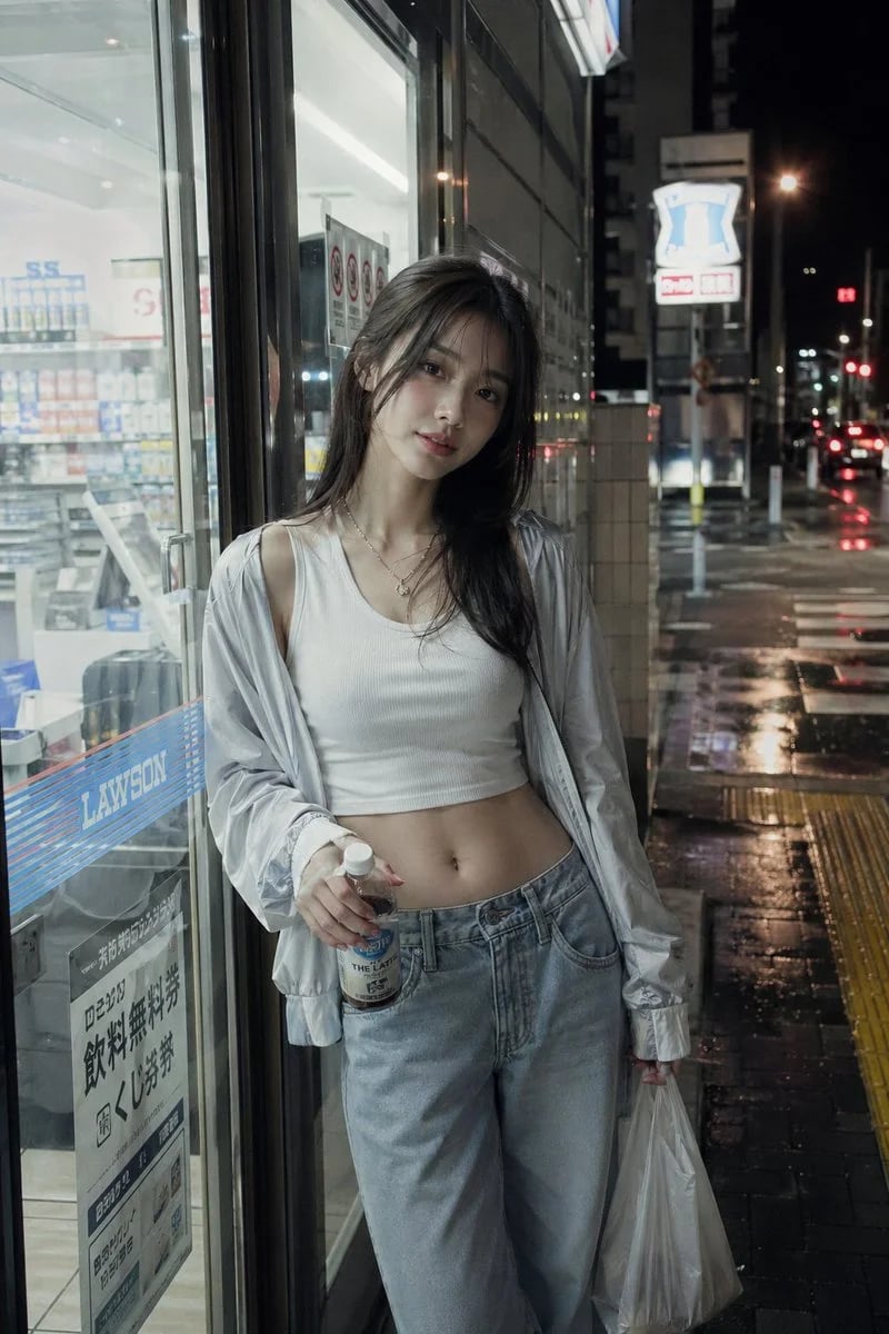 Sweet-Cool Japanese Girl at a Convenience Store Entrance at Night