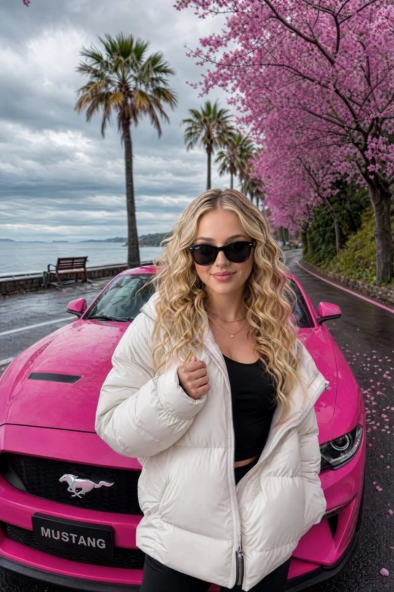 Stylish woman posing with a hot-pink Ford Mustang on a coastal road